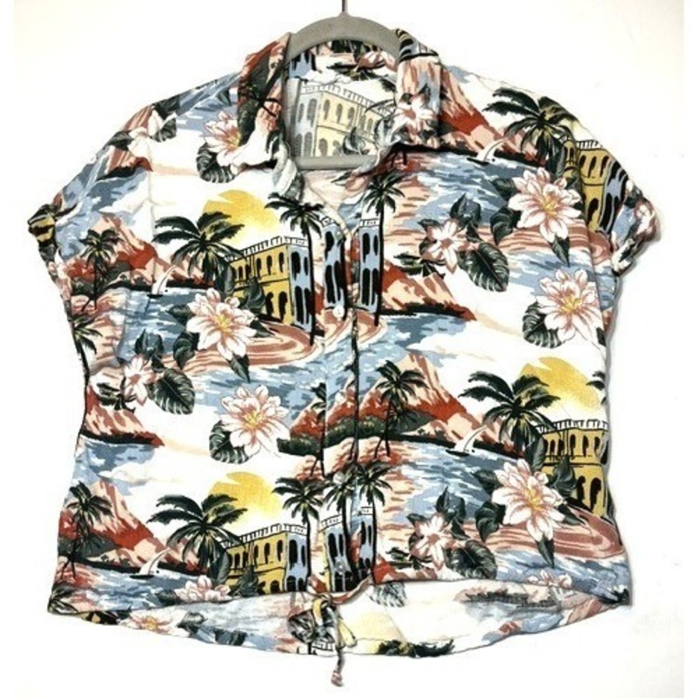 Lily Star Womens XL Tropical Vacation Tie Front Button Down Shirt Cropped